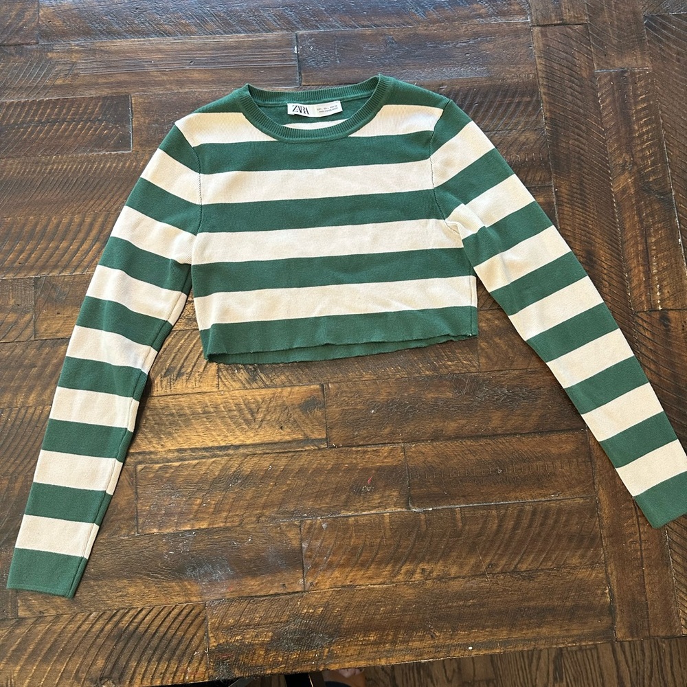 Zara Green and Cream Striped Sweater